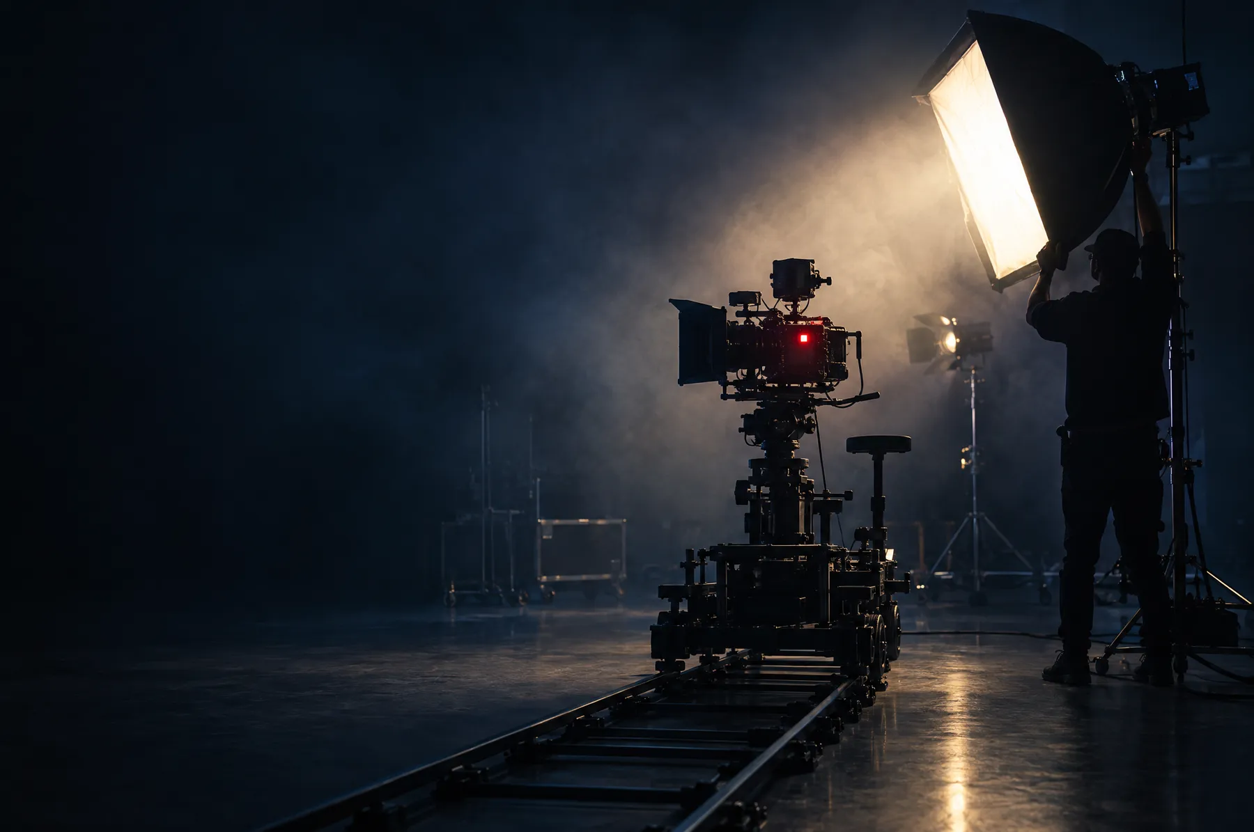 Cinema camera on a dolly track with a crew member setting a large softbox in a dark studio